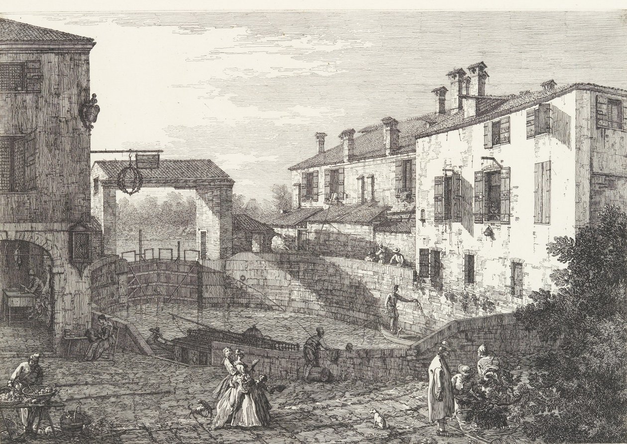 A Dolo-i zsilipek, egy ovális alakú medence, közepén csónakokkal, mindkét oldalon épületek,..., 1735-46. alkotó: Canaletto
