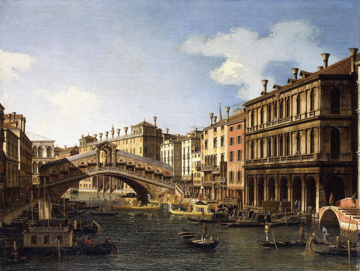 A velencei Rialto híd délről, a szász herceg beszállásával 1740-es látogatása során, alkotó: Giovanni Antonio Canal
