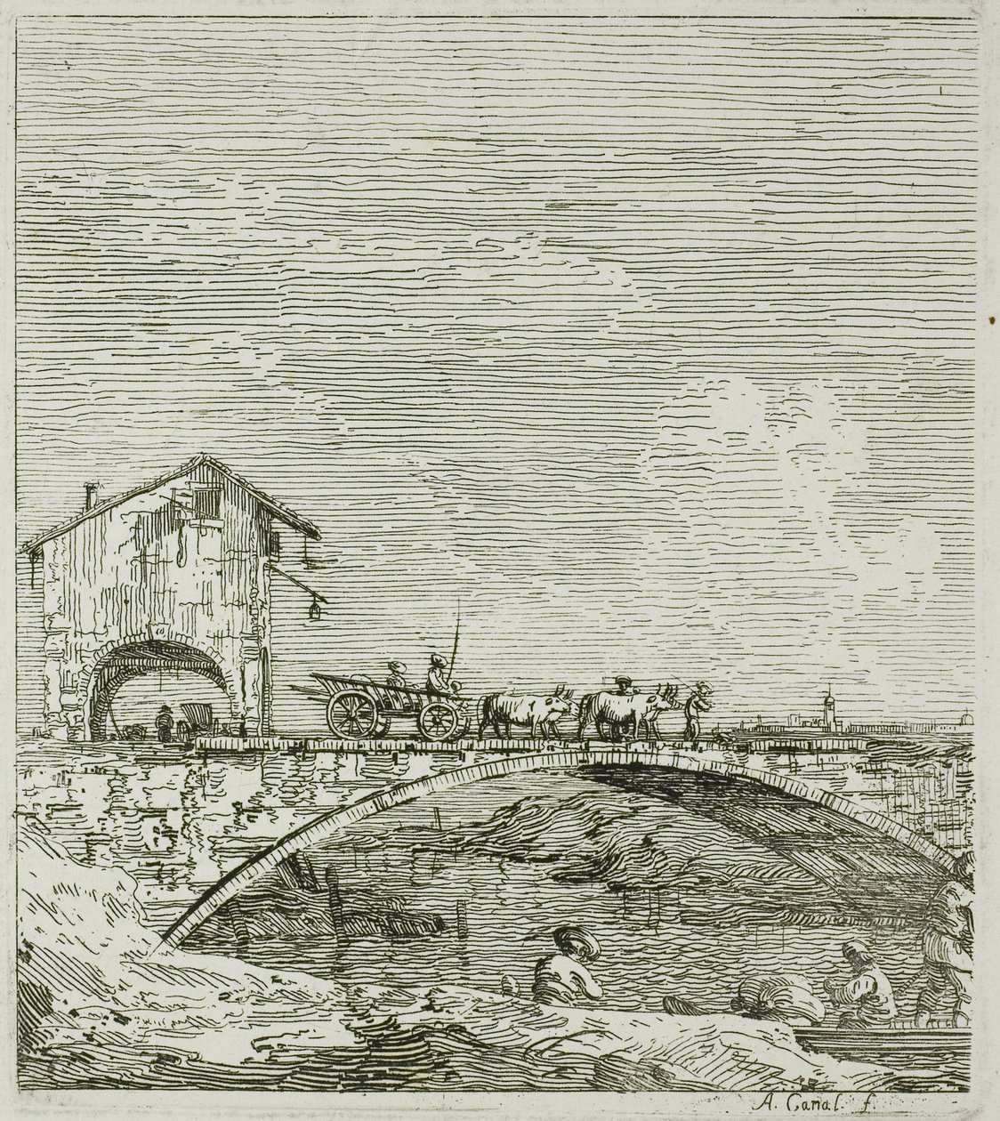 A kocsi áthalad egy hídon, Vedute felől alkotó: Canaletto