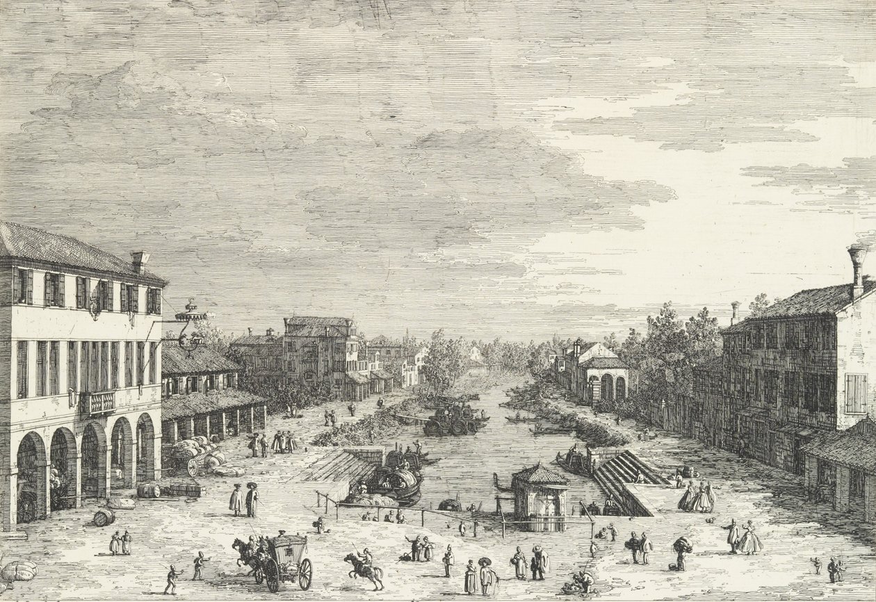 Kilátás a Mestre-re, egy fogadóra a bal oldalon, és a csatornát szegélyező különböző épületekre, a View...-ból, 1735-46. alkotó: Canaletto