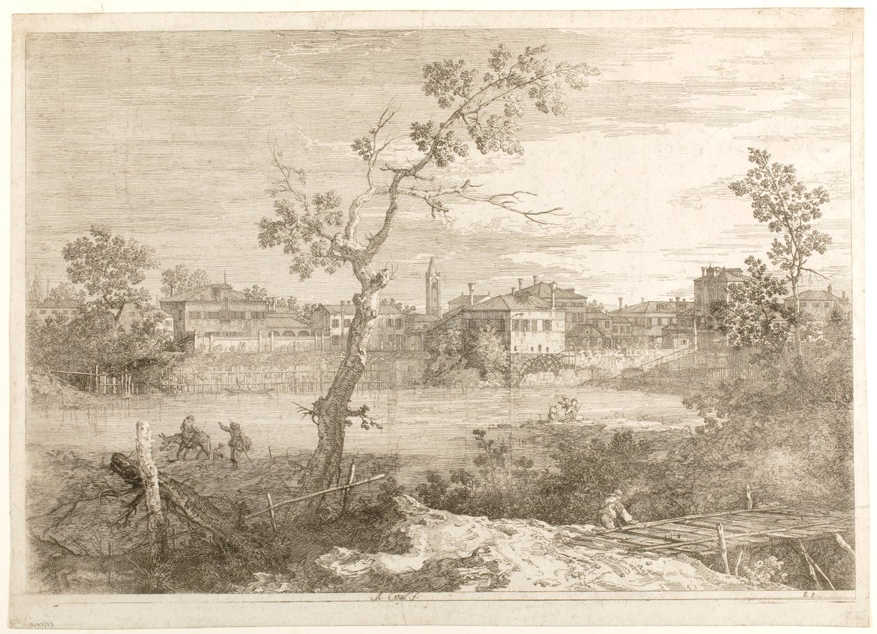 Kilátás egy folyóparti városra, a „Kilátások” sorozatból alkotó: Canaletto