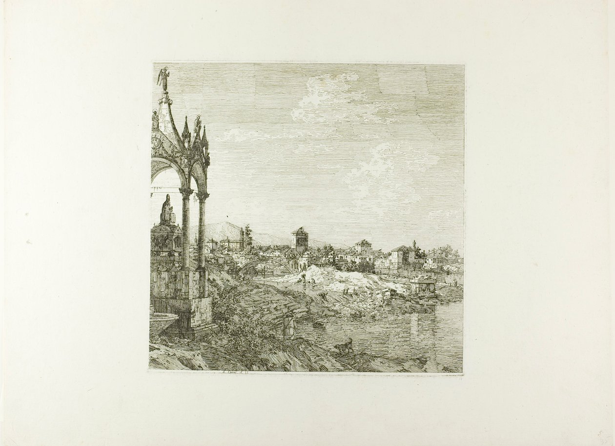 Egy város látképe egy püspöki sírral, Vedute felől alkotó: Canaletto
