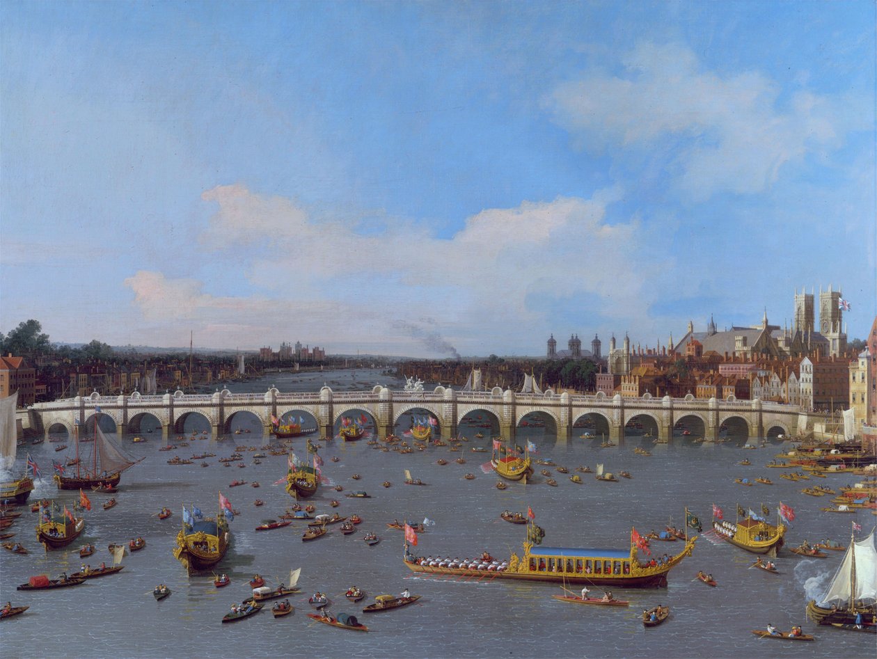 Westminster Bridge, a Lord Mayor körmenetével a Temzén alkotó: Giovanni Antonio Canal