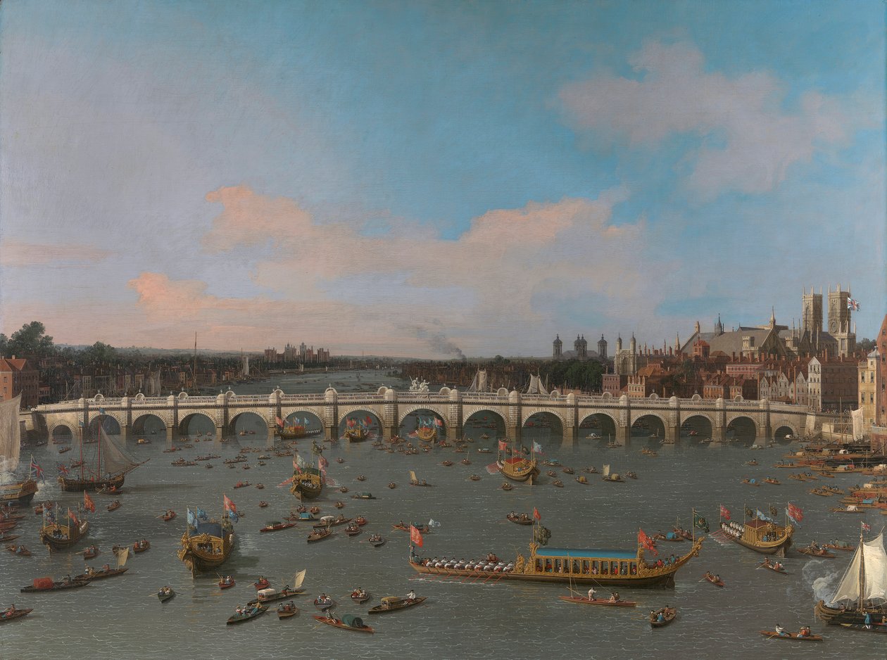 Westminster Bridge, a Lord Mayor körmenetével a Temzén alkotó: Canaletto