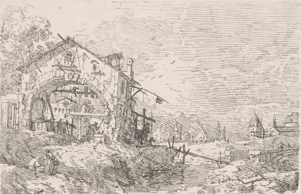 Nő vizet merít egy árkád alatti kútból balra, jobbra tájjal, 1..., 1717-68. alkotó: Canaletto