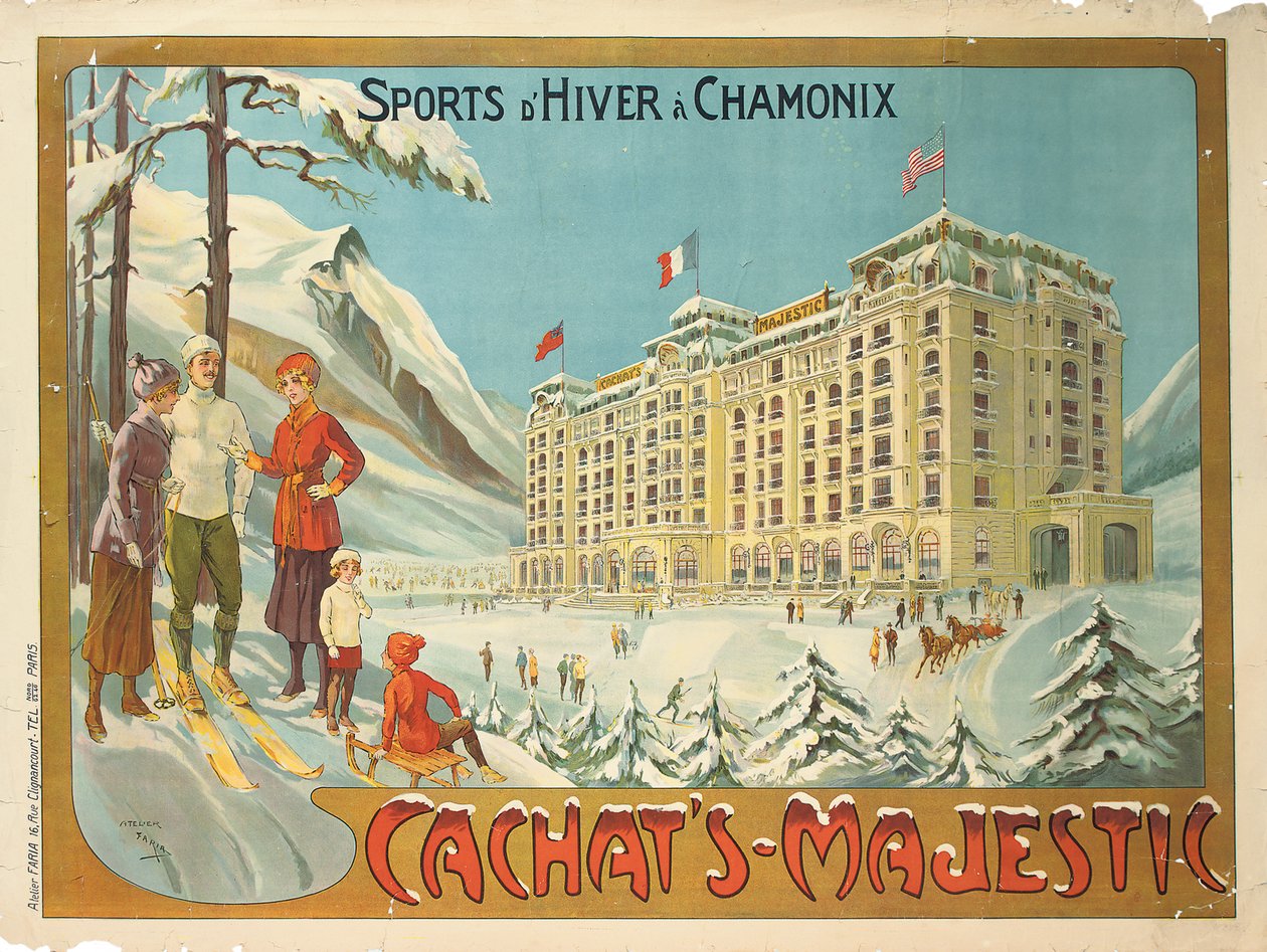 Plakát, amely a "Cachat"s Majestic szállodát és a téli sportokat hirdeti Chamonix-ban, 1910 körül alkotó: Candido Aragonez de Faria