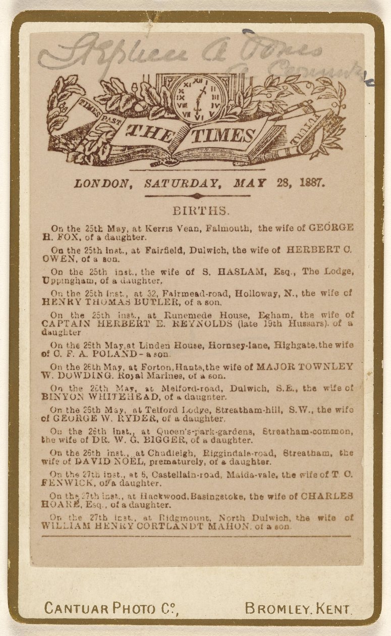 [Születéshirdetés a "The Times", London, 1887. május 28., szombat] alkotó: Cantuar Photographic Company