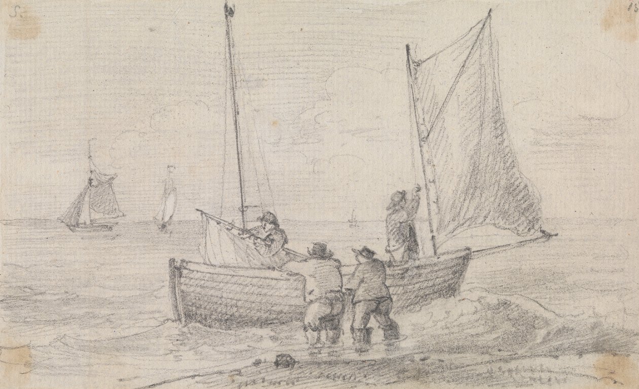 Vázlat a vitorlákat előkészítő csoportról a part közelében, Hastings alkotó: Capt. Thomas Hastings