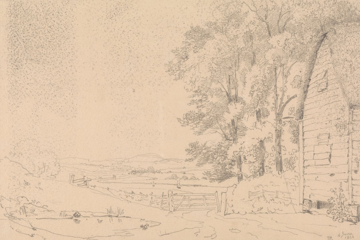 Vázlat egy nádtetős épületről és egy folyóról azon túl alkotó: Capt. Thomas Hastings