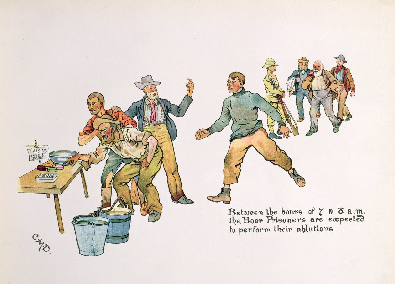 „Reggel 7 és 8 óra között a búr foglyokat várhatóan elvégzik a mosdás”, a „The Leaguer of Ladysmith”, 1900 alkotó: Captain Clive Dixon