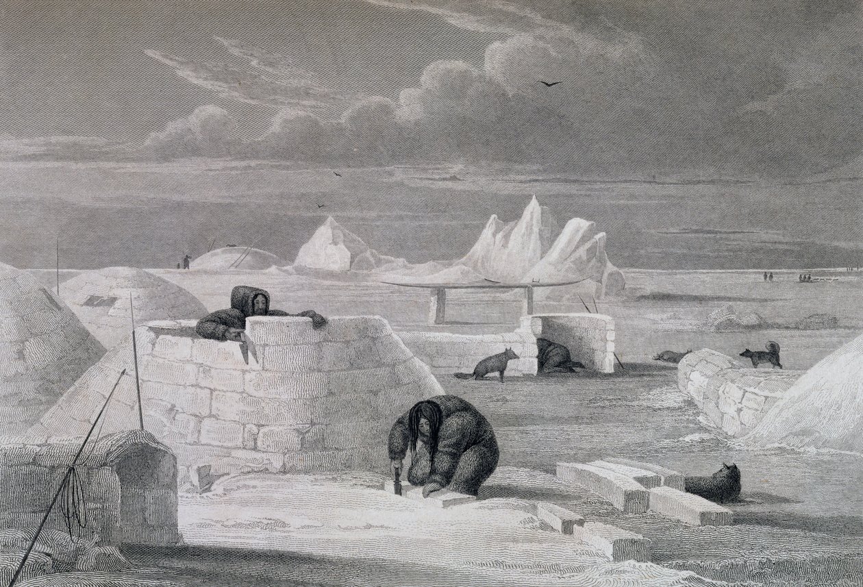 Eszkimók hókunyhót építenek, a "Journal of a Second Voyage for the Discovery of a North West Passage from the Atlantic to the Pacific performed in the Years 1821-22-23" (Az Atlanti-óceántól a Csendes-óceánig vezető északnyugati átjáró felfedezésére irányul alkotó: Captain George Francis Lyon