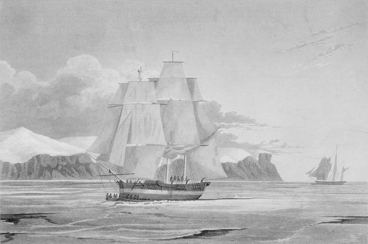 Vitorlázás fiatal jégen, 1824 szeptemberében a „Journal of a Third Voyage for the Discovery of a North West Passage from the Atlantic the Pacific, 1824–25 Years, 1824–25, H.M. Ships Hec” című sorozatból. alkotó: Captain Hoppner