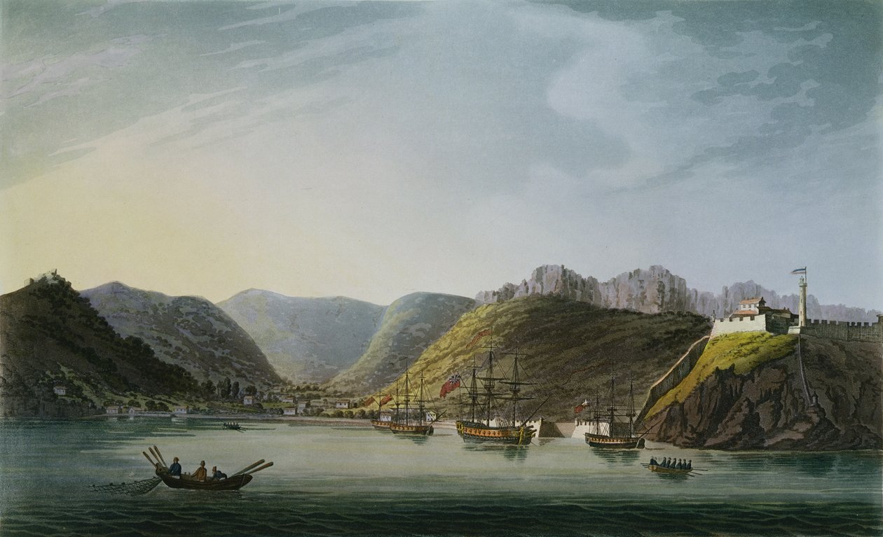 Kilátás a Porto Ferraio-öböl nyugati oldalára, Elba, metszett: Francis Jukes (1747-1812), kiadó: J. Daniell, 1814. április alkotó: Captain James Weir