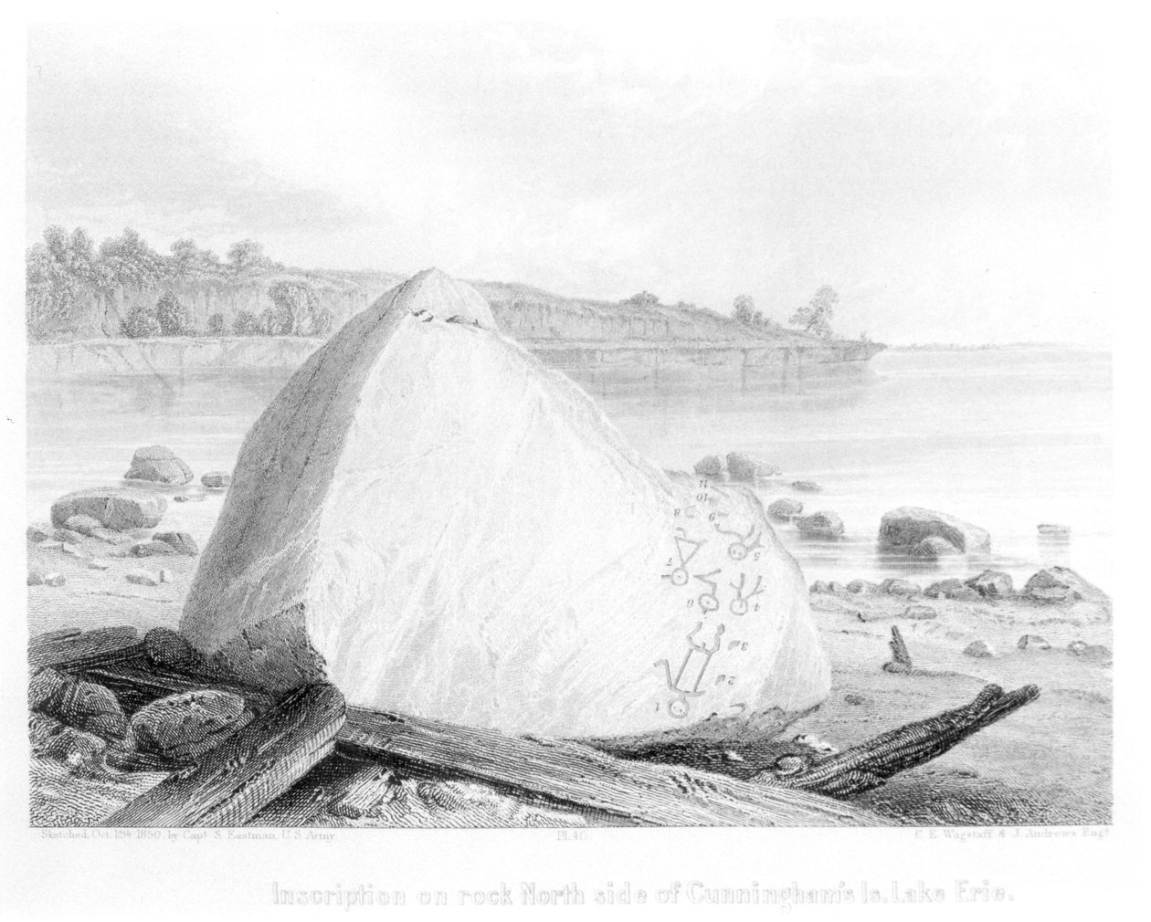 Indián feliratok egy sziklán az Erie-tó partján, a Schoolcraft által készített „Information Respecting the History, Condition and Prospects of the Indian Tribes of the United States” című művéből, Wagstaff a metszet alkotó: Captain Seth Eastman