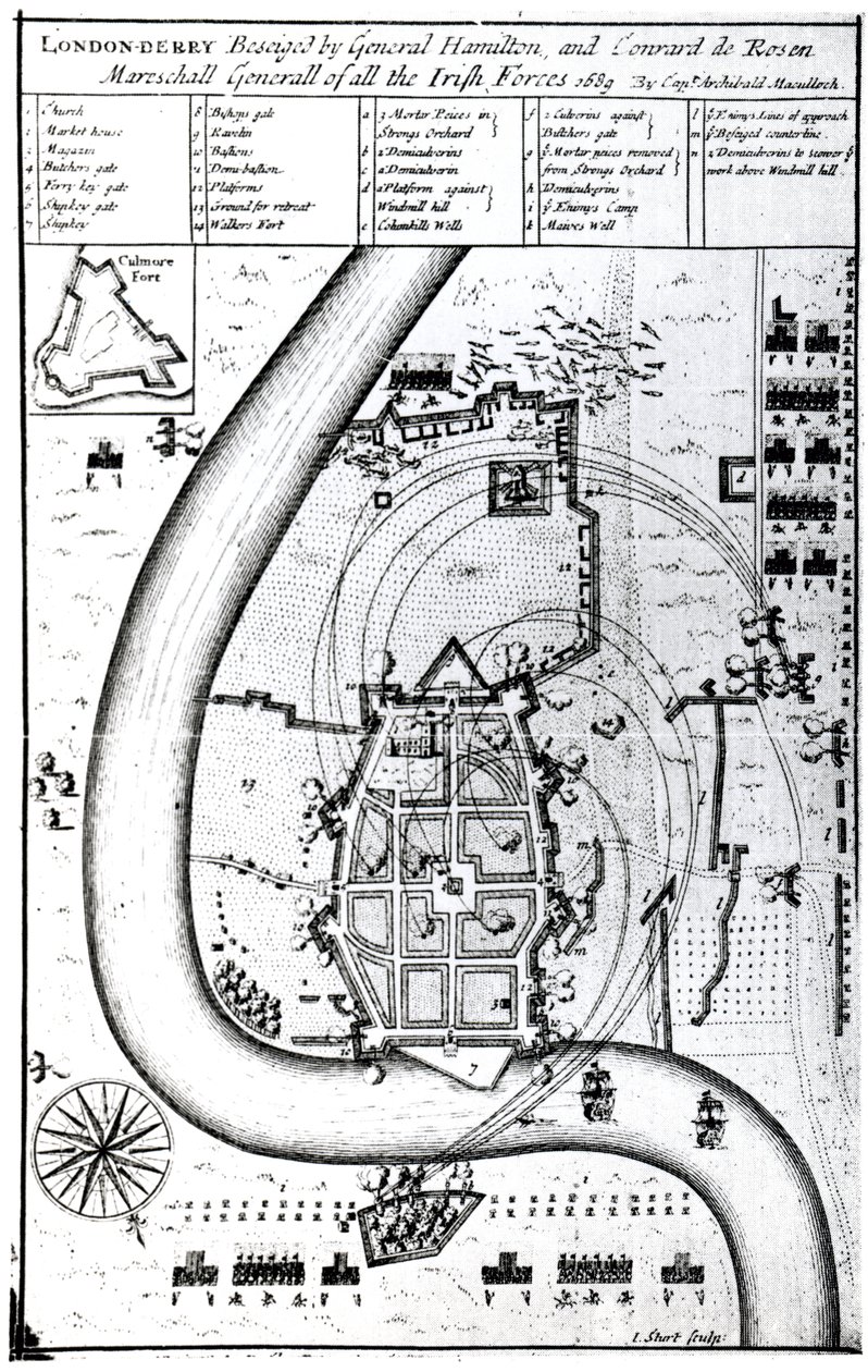 Londonderry Beseiged by General Hamilton and Conrad de Rosen, metszette J. Sturt, 1689 alkotó: Captain Archibald Maculloch