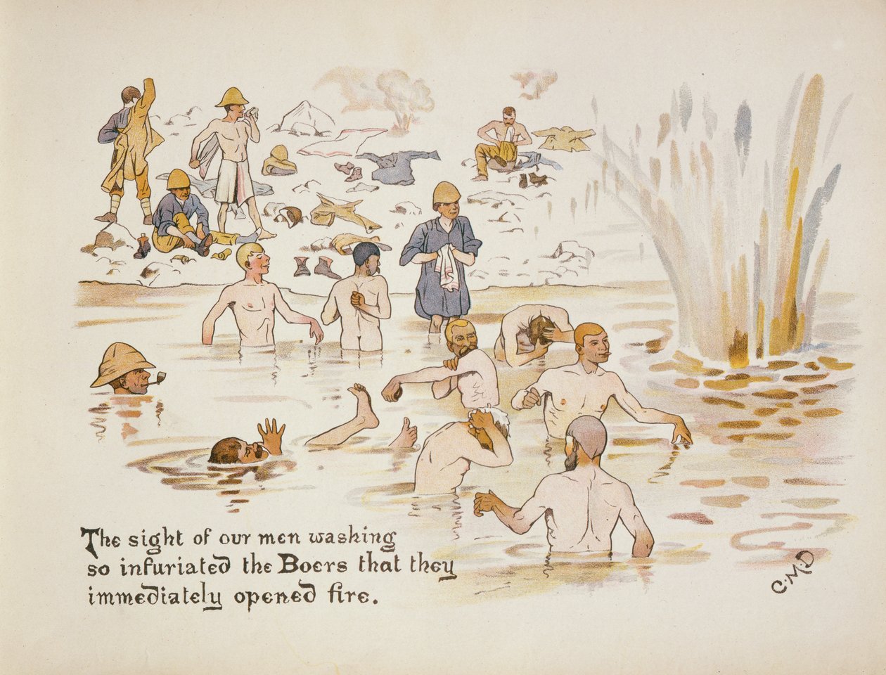 Embereink mosakodásának látványa annyira feldühítette a búrokat, hogy azonnal tüzet nyitottak a The Leaguer of Ladysmith-ből, 1900 alkotó: Captain Clive Dixon