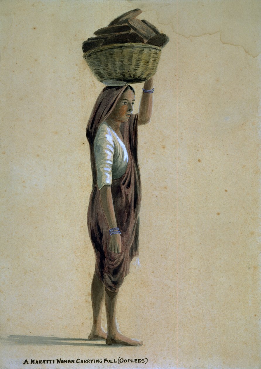 Egy mahrattai nő üzemanyagot hordozó (ooplees), India alkotó: Captain Cornelius Francis James