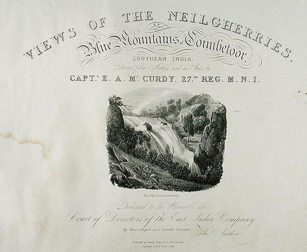 The Elk Cataract, Dimhutty, McCurdy kapitány 1830-ban kiadott The Elk Cataract című lapja, a Neilgherries kilátása vagy a Coimbetoor kék hegyei, Dél-India címlapja. alkotó: Captain E. A. after McCurdy