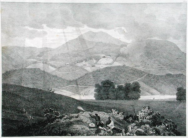 Kilátás a tó egy részére és a nyaralókra Ottacamundban, Neelgherry-hegységben, 3. tábla McCurdy kapitánytól, a View of the Neilgherries vagy Blue Mountains of Coimbetoorból, Dél-India, 1830-ban (li alkotó: Captain E. A. after McCurdy