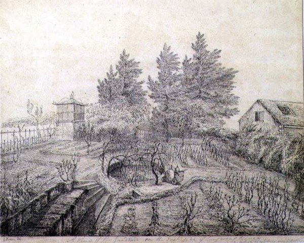 Kilátás I. Napóleon kertjére a Longwood House keleti oldalán alkotó: Captain G. Rotton