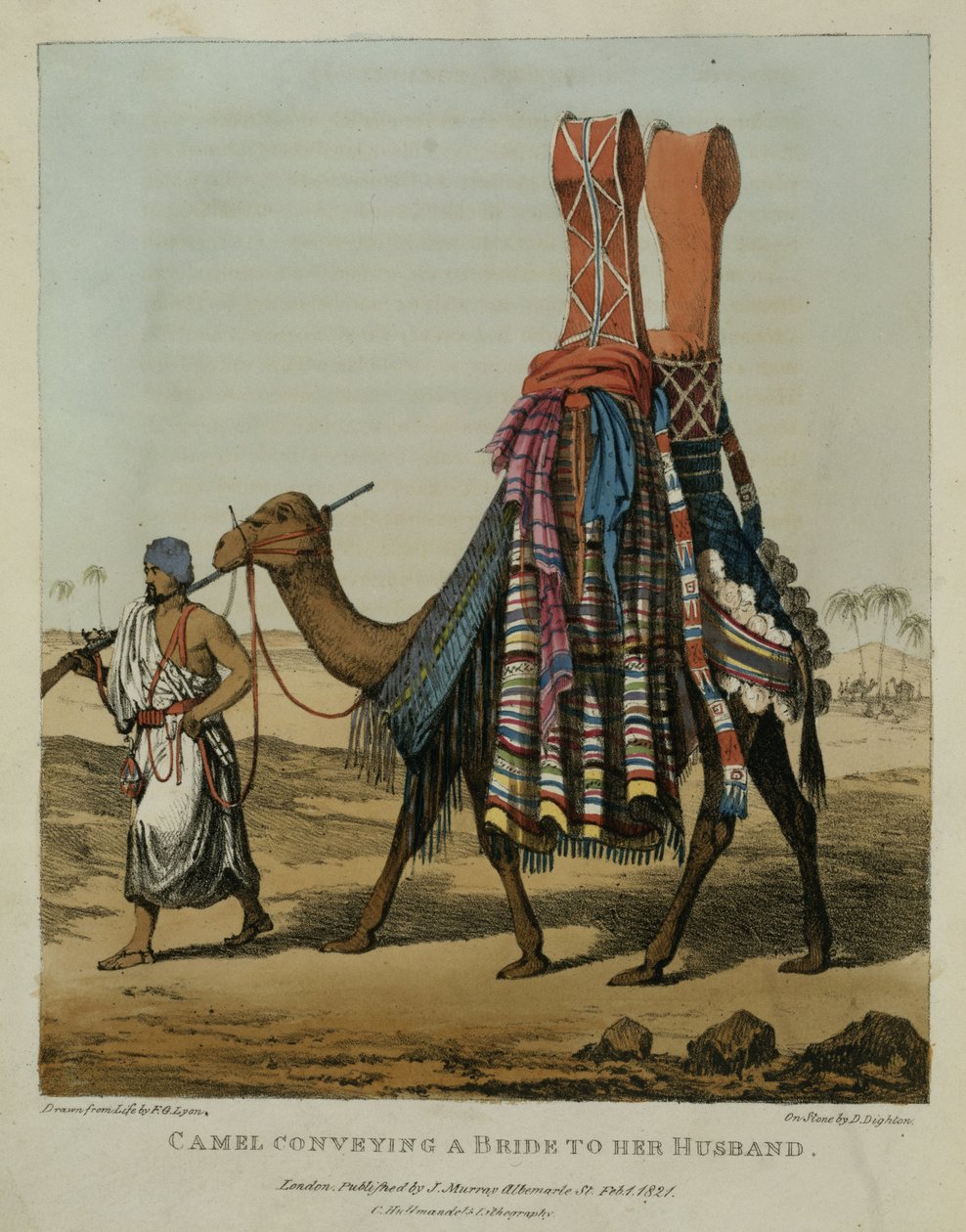 Teve menyasszonyt közvetít a férjének, vésette Denis Dighton (1792-1827) 16. táblát, „Az észak-afrikai utazások elbeszélése”, kocsma. 1821 alkotó: Captain George Francis Lyon