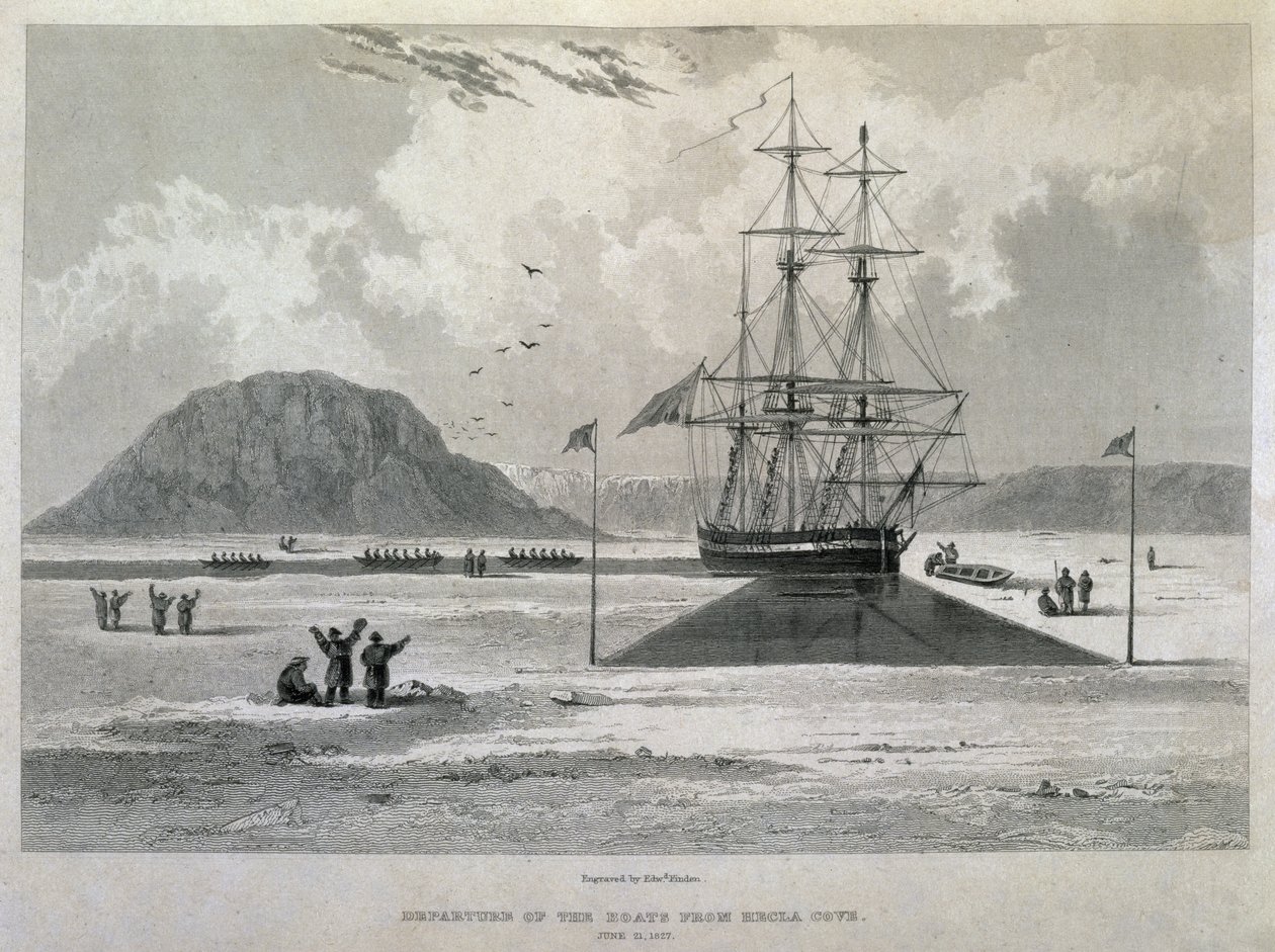 A hajók indulása Hecla Cove-ból, 1827. június 21-én a Journal of a Third Voyage for the Discovery of a North West Passage from the Atlantic the Pacific, 1824-25, H.M.s. alkotó: Captain George Francis Lyon