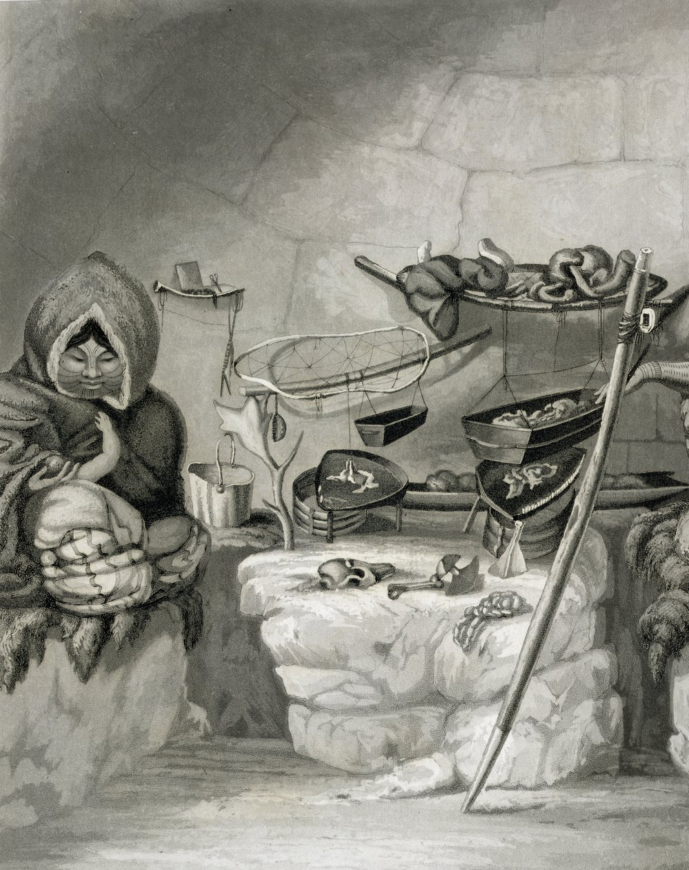 Egy eszkimó hókunyhó belseje, Winter Island 1822, vésette Edward Francis Finden (1791-1857) kocsma. John Murray, 1824 alkotó: Captain George Francis Lyon