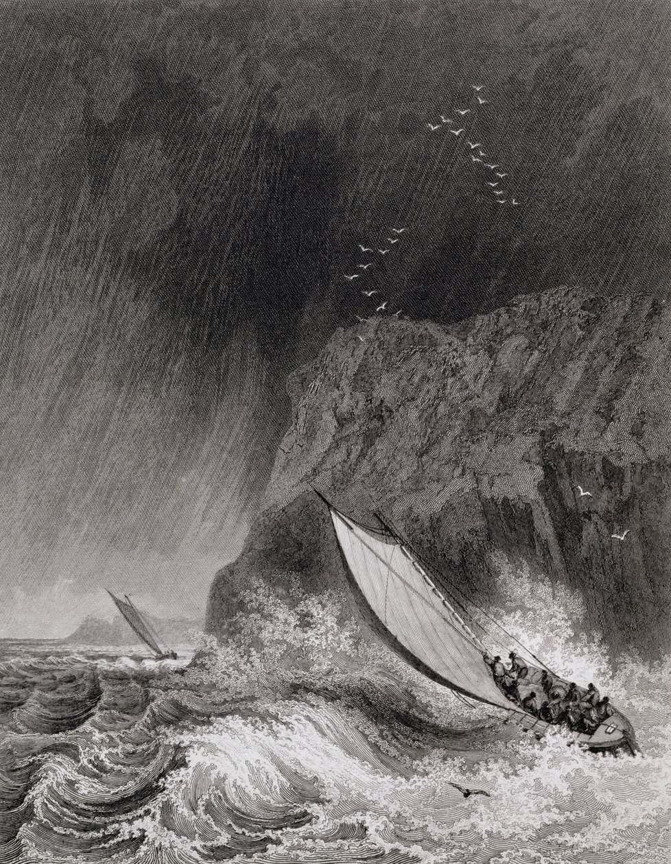 Az 1827. augusztus 12-i hóviharban a Walden-sziget melletti hajók a Journal of a Third Voyage for the Discovery of the North West Passage from Atlantic the Pacific 1824-25-ben adták elő. alkotó: Captain George Francis Lyon