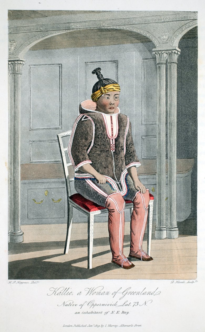 Kallie, grönlandi nő, Oppernivickből származott, illusztráció az „A Voyage of Discovery...”-ből, 1819 (kézzel színezett metszet) alkotó: Captain Hoppner