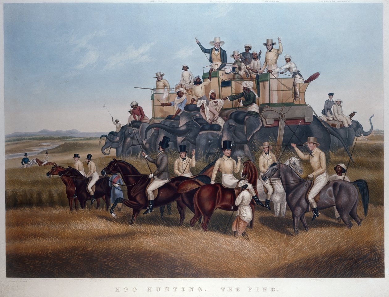 Disznóvadászat: A lelet, vésett és kocsma. Fores urak, 1840 körül (színes metszet) alkotó: Captain John (after) Platt