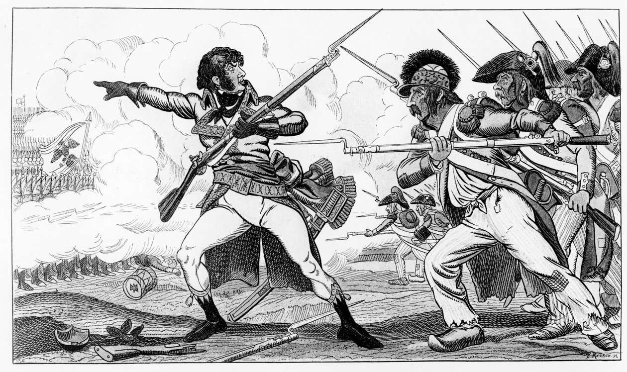 Önkéntesek a szabotokban a valmyi csatában, 1792. szeptember 20., Louis Blanc "Histoires de la Revolution Francoise" című művéből, S. Krakow metszetében alkotó: Caran d Ache