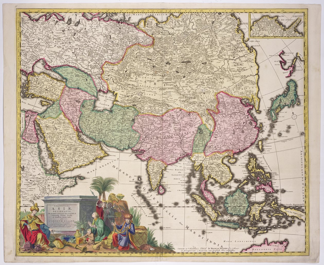 Ázsia, Tatária, Japán, a Fülöp-szigetek és Kelet-Indiák térképe, G. van Gouwen metszete, 1690 körül alkotó: Carel Allard