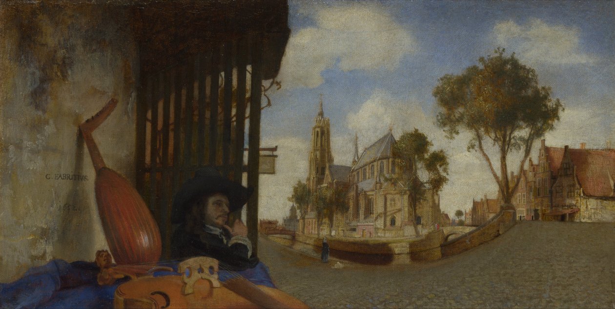 Kilátás Delftbe, hangszer -eladó standján alkotó: Carel Fabritius