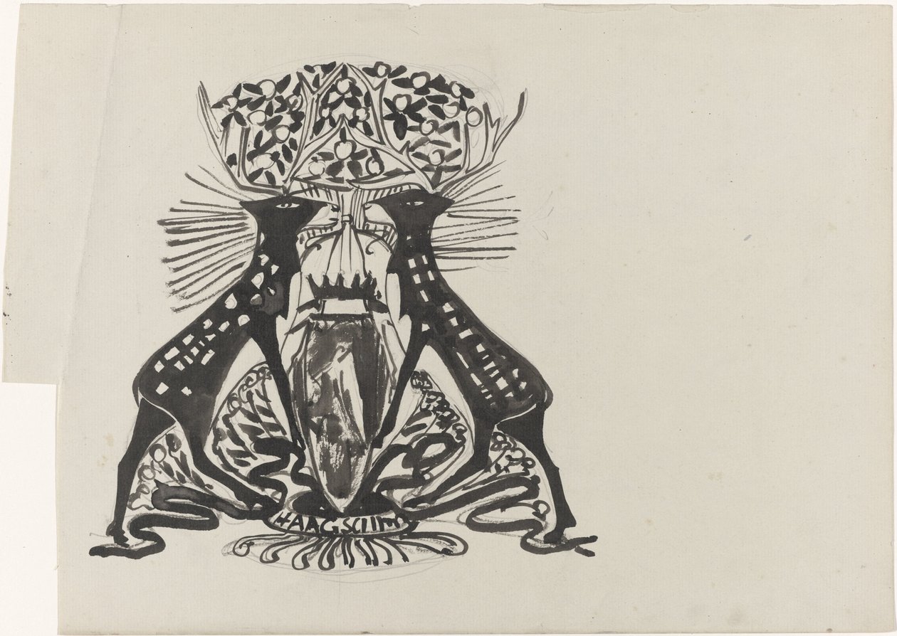 Dekoratív kialakítás két álló szarvassal alkotó: Carel Adolph Lion Cachet