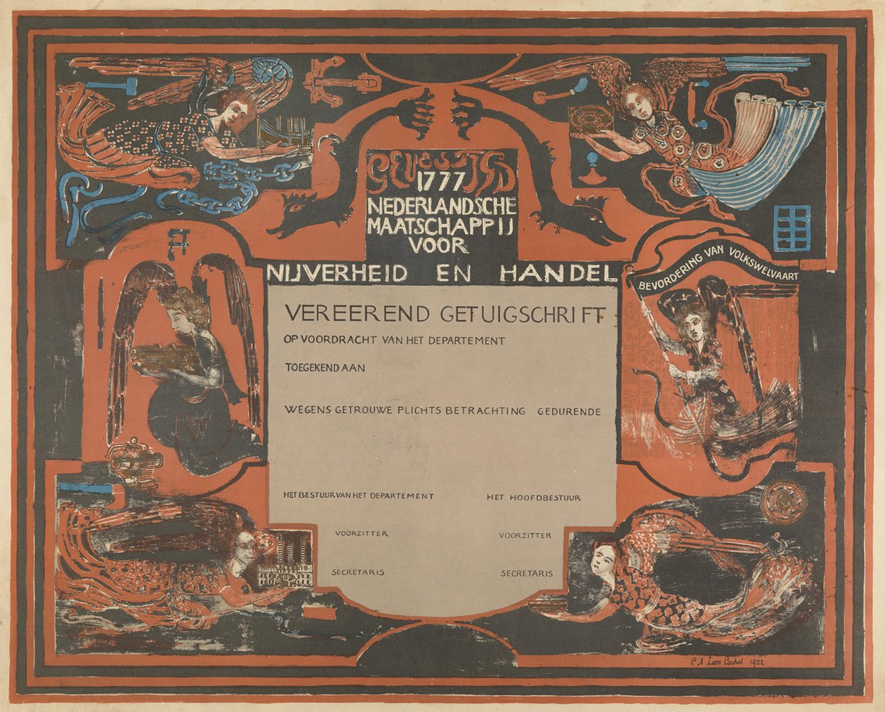 A Holland Ipari és Kereskedelmi Társaság bizonyítványa alkotó: Carel Adolph Lion Cachet