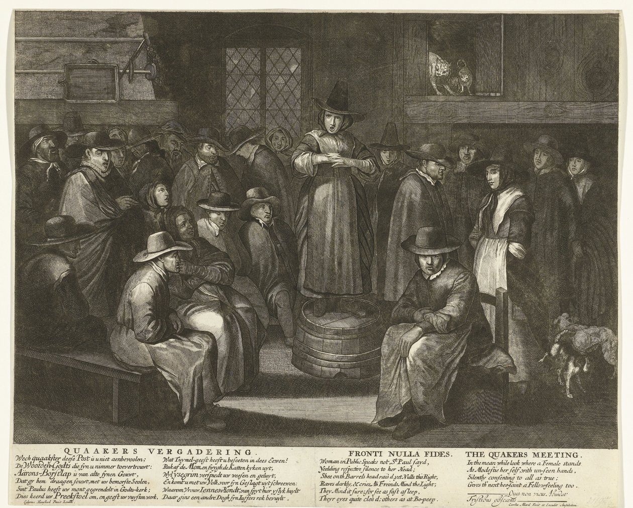 Karikatúra az angol kvékerekről, 1656 körül Quaaker Meeting / Fronti Nulla Fides / The Quakers Meeting (cím az objektumon) alkotó: Carel Allard