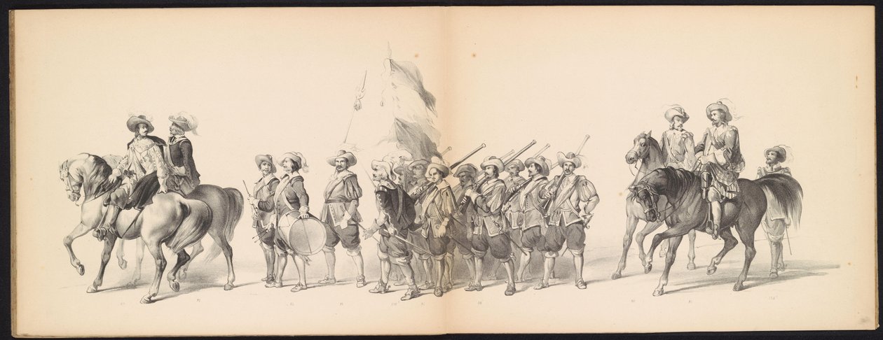 A leideni diákok maskara, 1850 (10. tábla) Frederik Hendrik intogtja a Hertogenbosch-ban 1629-ben: H.H. jelmezes ábrázolása. az 1850-es év Leydsche Hoogeschool den XI Junij diákjai (a sorozat címe a tárgyon) alkotó: Carel Christiaan Antony Last