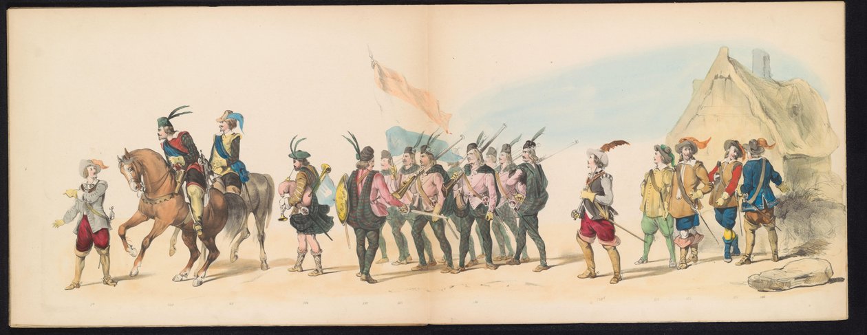 A leideni diákok maskara, 1850 (11. tábla) Frederik Hendrik intogtja a Hertogenbosch-ban 1629-ben: a H.H. jelmezes ábrázolása. az 1850-es év Leydsche Hoogeschool den XI Junij diákjai (a sorozat címe a tárgyon) alkotó: Carel Christiaan Antony Last