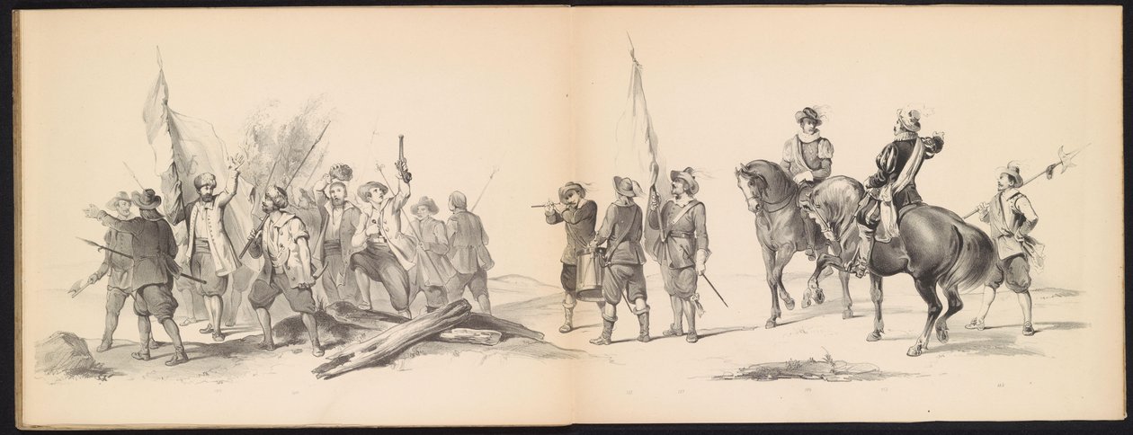 A leideni diákok álarca, 1850 (12. tábla) Frederik Hendrik intogtja a Hertogenbosch-ban 1629-ben: H.H. jelmezes ábrázolása. az 1850-es év Leydsche Hoogeschool den XI Junij diákjai (a sorozat címe a tárgyon) alkotó: Carel Christiaan Antony Last