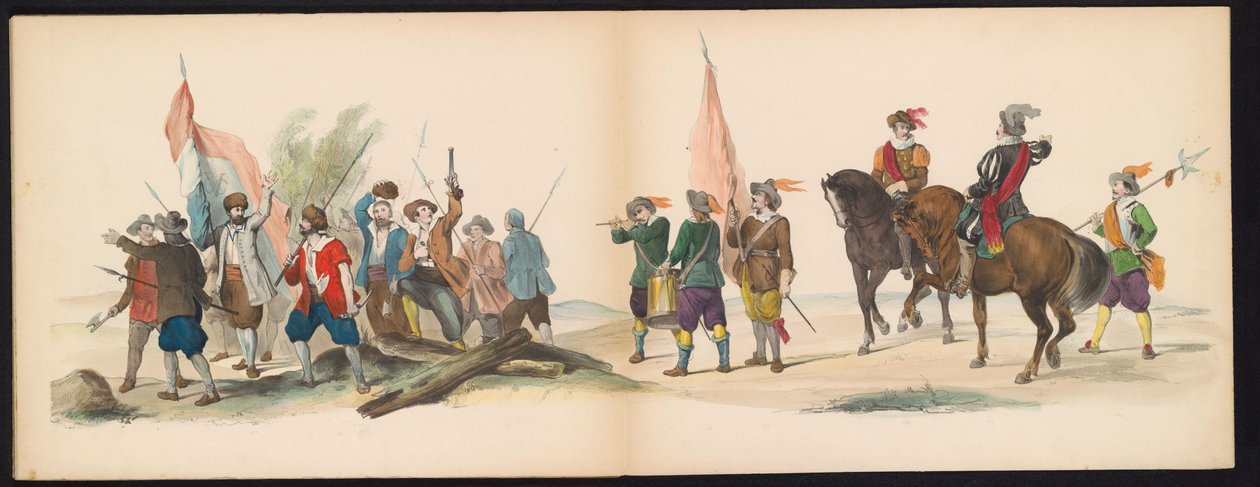 A leideni hallgatók maskarádéja, 1850 (12. tábla) Frederik Hendrik intogtja a Hertogenbosch-ban 1629-ben: a H.H. jelmezes ábrázolása. az 1850-es év Leydsche Hoogeschool den XI Junij diákjai (a sorozat címe a tárgyon) alkotó: Carel Christiaan Antony Last