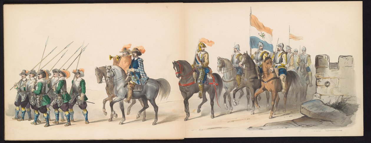 A leideni hallgatók maskarádéja, 1850 (13. tábla) Frederik Hendrik intogtja a Hertogenbosch-ban 1629-ben: a H.H. jelmezes ábrázolása. az 1850-es év Leydsche Hoogeschool den XI Junij diákjai (a sorozat címe a tárgyon) alkotó: Carel Christiaan Antony Last