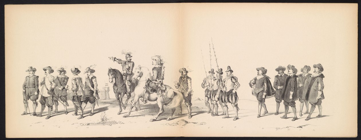 A leideni diákok maskara, 1850 (2. tábla) Frederik Hendrik intogtja a Hertogenbosch-ban 1629-ben: H.H. jelmezes ábrázolása. az 1850-es év Leydsche Hoogeschool den XI Junij diákjai (a sorozat címe a tárgyon) alkotó: Carel Christiaan Antony Last