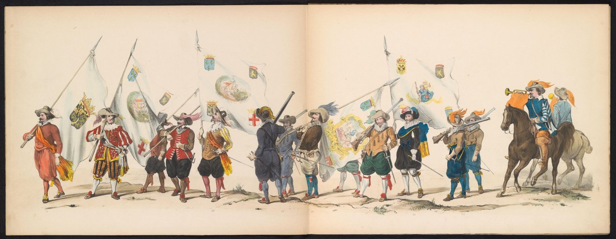 A leideni diákok maskara, 1850 (3. tábla) Frederik Hendrik intogtja a Hertogenbosch-ban 1629-ben: a H.H. jelmezes ábrázolása. az 1850-es év Leydsche Hoogeschool den XI Junij diákjai (a sorozat címe a tárgyon) alkotó: Carel Christiaan Antony Last