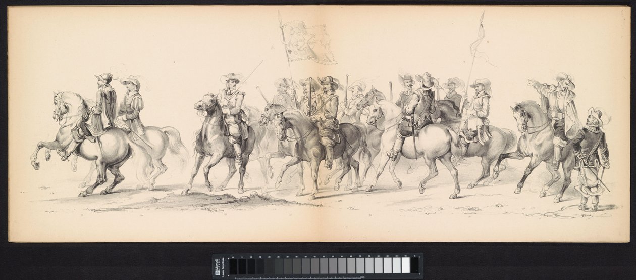 A leideni hallgatók maszkabálja, 1850 (4. tábla) Frederik Hendrik intogtja a Hertogenbosch-ban 1629-ben: a H.H. jelmezes ábrázolása. az 1850-es év Leydsche Hoogeschool den XI Junij diákjai (a sorozat címe a tárgyon) alkotó: Carel Christiaan Antony Last