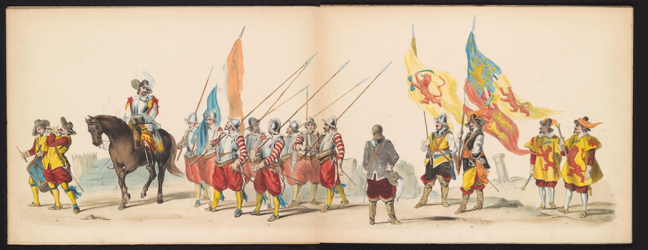 A leideni diákok maskara, 1850 (5. tábla) Frederik Hendrik intogtja a Hertogenbosch-ban 1629-ben: H.H. jelmezes ábrázolása. az 1850-es év Leydsche Hoogeschool den XI Junij diákjai (a sorozat címe a tárgyon) alkotó: Carel Christiaan Antony Last