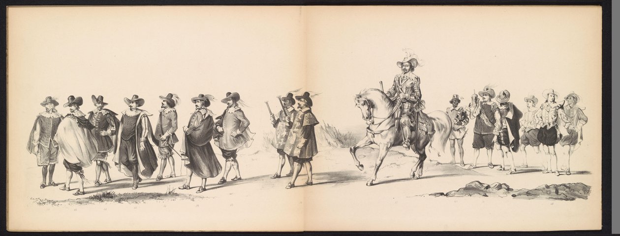 A leideni hallgatók maskarádéja, 1850 (6. tábla) Frederik Hendrik intogtja a Hertogenbosch-ban 1629-ben: H.H. jelmezes ábrázolása. az 1850-es év Leydsche Hoogeschool den XI Junij diákjai (a sorozat címe a tárgyon) alkotó: Carel Christiaan Antony Last