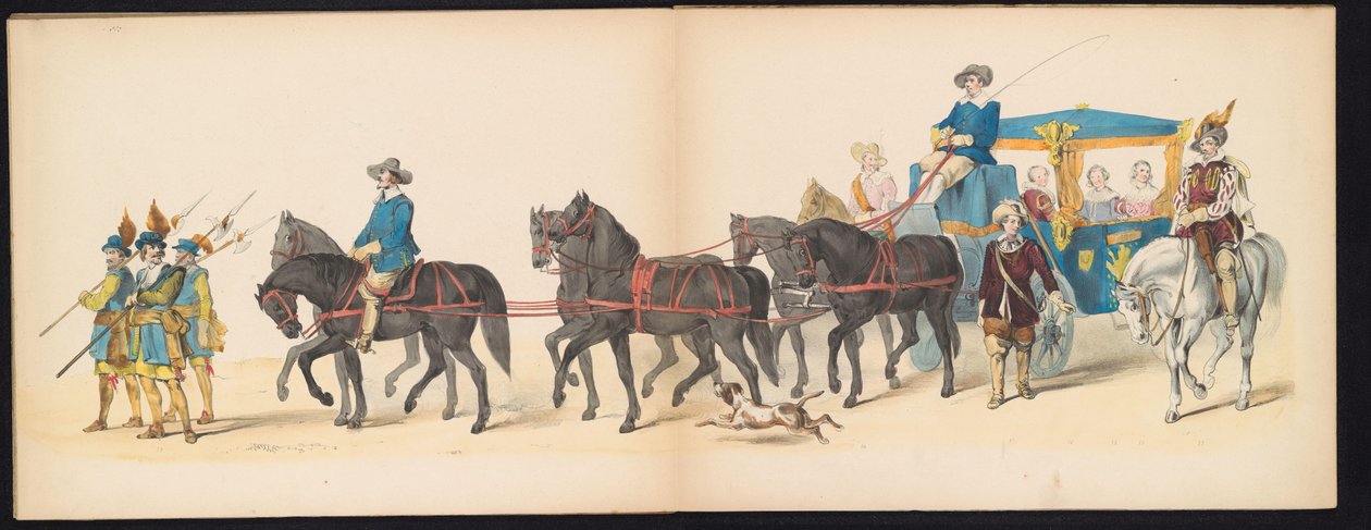 A leideni hallgatók maszkabálja, 1850 (8. tábla) Frederik Hendrik intogtja a Hertogenbosch-ban 1629-ben: H.H. jelmezes ábrázolása. az 1850-es év Leydsche Hoogeschool den XI Junij diákjai (a sorozat címe a tárgyon) alkotó: Carel Christiaan Antony Last