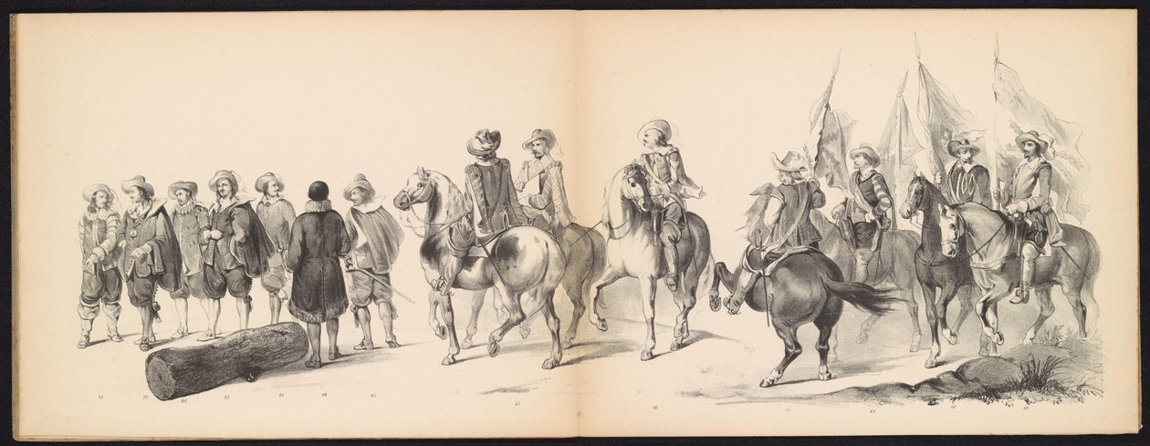 A leideni diákok álarca, 1850 (9. tábla) Frederik Hendrik intogtja a Hertogenbosch-ban 1629-ben: H.H. jelmezes ábrázolása. az 1850-es év Leydsche Hoogeschool den XI Junij diákjai (a sorozat címe a tárgyon) alkotó: Carel Christiaan Antony Last