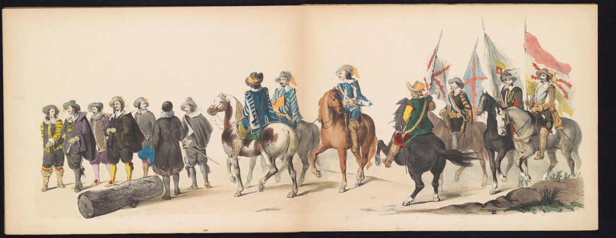 A leideni diákok álarca, 1850 (9. tábla) Frederik Hendrik intogtja a Hertogenbosch-ban 1629-ben: a H.H. jelmezes ábrázolása. az 1850-es év Leydsche Hoogeschool den XI Junij diákjai (a sorozat címe a tárgyon) alkotó: Carel Christiaan Antony Last