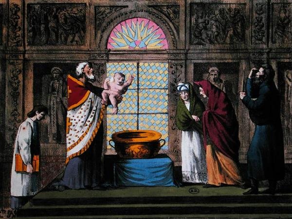 Orosz ortodox keresztség, 1810-20 körül (színes litó) alkotó: Carel Christian Anthony (after) Last